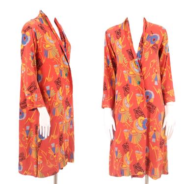 30s Deco print robe / vintage 1920s 1930s abstract floral salmon poished cotton duster antique kimono M-L 