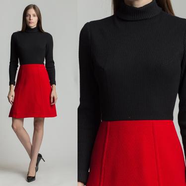 60s 70s Lanz Original Black &amp; Red Mini Sweater Dress - Extra Small | Vintage Turtleneck Long Sleeve A Line Color Block Dress 