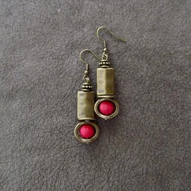 Industrial earrings, red lava rock and bronze minimalist earrings, mid century modern earrings, unique Art Deco earrings, geometric 