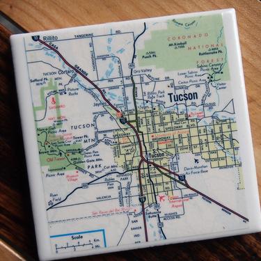 1981 Tucson Arizona Vintage Map Coaster. University of Arizona. City map coasters. Handmade office décor. 1980s travel gift. Arizona Decor 