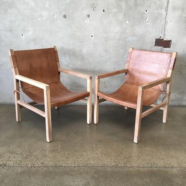 Pair of Modern Teak and Leather Sling Chairs