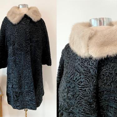 Schiaparelli Black Karakul Persian lamb fur Coat With Mink Collar / Vintage Curly Lambswool Coat / 1970s Schiaparelli Coat / Large 