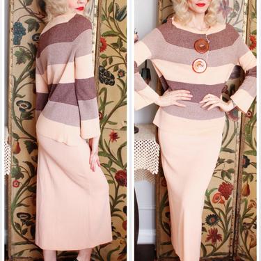 1930s 2pc Knit Set // RARE Rayon Knit Striped Sweater and Skirt BAKELITE buttons // vintage 30s knitwear 