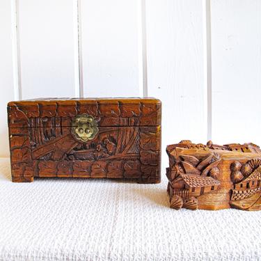 Sold Separately - Gorgeous Vintage Solid Wood Hand Carved Bas Relief Asian Boxes (Small and Large) 