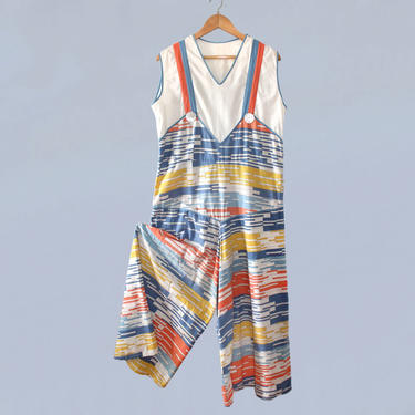 RARE!! 1930s Beach Pajamas / 30s Cotton Jumpsuit / Crazy Trippy Tetris Stripes / Wide Leg / Trompe L'Oeil M L 