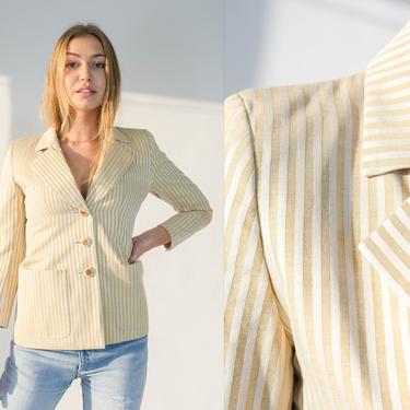 Vintage 90s Yves Saint Laurent Rive Gauche Camel Gold Seersucker Blazer | Made in France | Cotton & Wool Blend | 1990s YSL Designer Jacket 