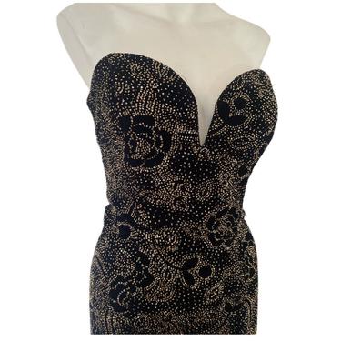 90s Vintage Dress, sweetheart cut cocktail party dress, sequin party dress, black formal dress, gold floral embroidered sheath dress small 