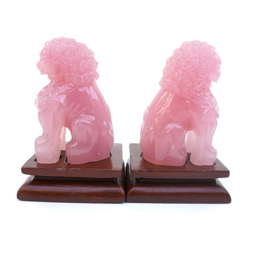 Vintage Hand Carved Pink Jade Foo Dog's on Stands | Shishi Lion Figurines | Republic Era Guardian Dogs of Fo 