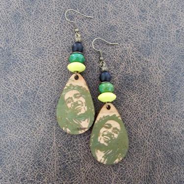 Carved wooden earrings, Bob Marley earrings, Jamaican earrings, unique bold earrings, bohemian boho earrings, artisan reggae Rasta earrings 