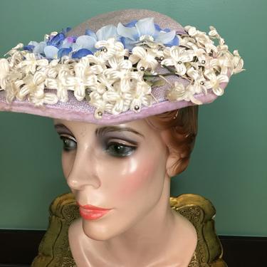 1950s floral hat, vintage 50s hat, flower hat, lilac summer hat, mid century hat, summer wedding, vintage millinery, platter hat, saucer 