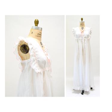 80s Vintage White Christian Dior Nightgown Night Dress Lingerie Size Medium White Pink Ruffle Dress Wedding Honeymoon Sheer Nightgown Dress 