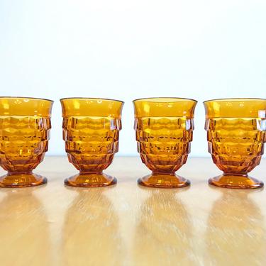 Whitehall Gold Amber Glass 10 oz Tumblers, Set of 4 Faceted Glass Footed Goblets, Mid Century Informal Tableware 