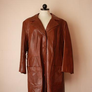 70s Brown Leather Coat with Embellished Patch Pockets Size L / XL 