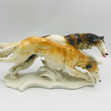 Antique ENS Volkstedt German Porcelain  Hunting Dog Running  Figurine Pre WWII - Green Underglaze Mark- 11 1/2&amp;quot;- rare Find 