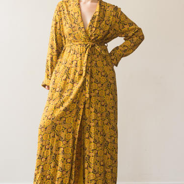 1960s English Sunshine Yellow Floral Rayon Duster 
