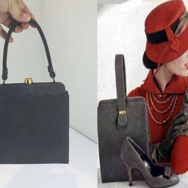 Of Course I Match - Vintage 1940s 1950s Gray Grey Nubuck Leather Tall Slender Purse Handbag 