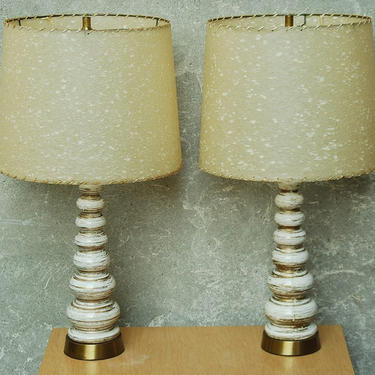 Cream Gold Ceramic Lamps with Fiberglass Shades 