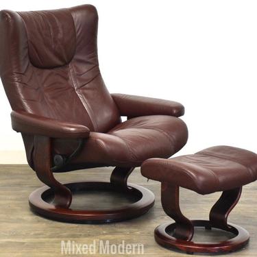 Maroon Leather Ekornes Lounge Chair and Ottoman 