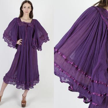 Purple Angel Sleeve Gauze Dress / Thin Big Slv Cotton Dress / Crochet Ribbon Trim Dress / Vintage 70s Kimono Festival Grecian Maxi Dress 