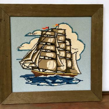 Vintage Needlepoint Sailing Ship 16.5&amp;quot;x17.5&amp;quot; Framed Picture, Nautical Wall Decor, Sailing Enthusiast, Beach House 