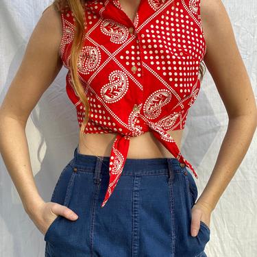 1960's Crop Tie Top / Red and White Polka Dot Print Shirt / Button Up Shirt / 1960's Summer Crop Top / Button Up Blouse 
