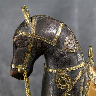 Antique Wood Horse Carving with Brass and Copper Accents - Made in India - Hand Carved Folk Art - Metal & Wood Sculpture | FREE SHIPPING 