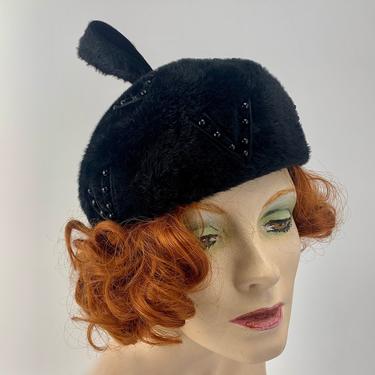 1950-60'S Fur Felt Hat - Beanie Tam - Long Black Fur Felt - Made in Italy for BELLINI - Black Beading Details 