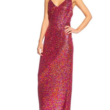 1990'S Cranberry Red Hand Beaded Polyester Jersey Disco Purple Pink & Orange Sequined Gown 