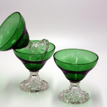 vintage burple inspiration green glass sherbet cups with clear footed base/set of three 