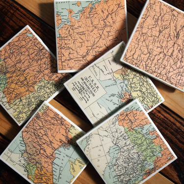 1947 USSR Russia Handmade Repurposed Vintage Map Coasters Set of 6 - Ceramic Tile - Repurposed 1940s Atlas - Soviet Union - Moscow 