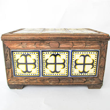 Vintage Hand Made Painted Tile and Carved Wood Trunk- From Mexico 