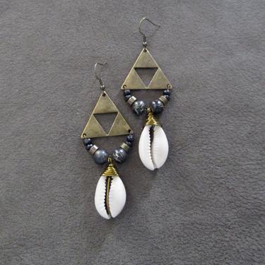 Cowrie shell earrings, antique bronze earrings, African Afrocentric earrings, beaded chandelier earrings, seashell boho chic earrings black 