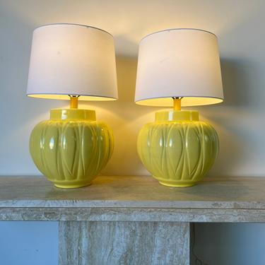 70's Vintage Yellow Glaze Ceramic Table Lamps - a Pair 