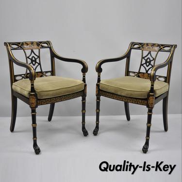 20th Century Black &amp; Gold English Regency Style Greek Key Paw Foot Armchairs