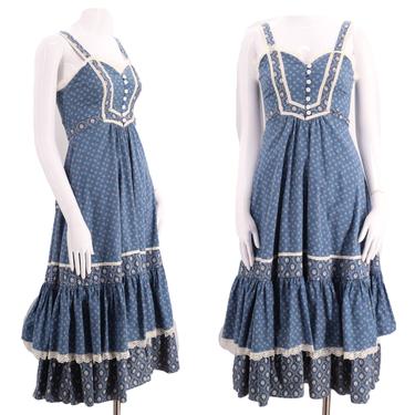 70s GUNNE SAX dress blue cotton prairie midi 7 / vintage 1970s calico peasant print ruffle dress gown XS S 