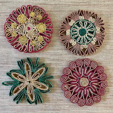 Vintage Trivets - Woven Trivets - Woven Wall Decor - Set of 4 - Round - Green Fuchsia Mauve and Natural Colors 