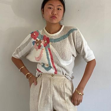 80s intarsia floral knit short sleeve sweater / vintage oatmeal cotton linen embroidered flower dolman batwing sweater | S 