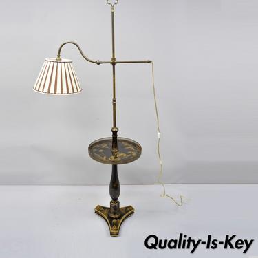 Chinoiserie Black and Gold Lacquer Brass Accent Adjustable Floor Lamp w/ Table