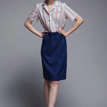belted shirtwaist dress secretary stripes short sleeves navy blue vintage 70s MEDIUM M 