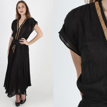Vintage 80s Black Gauze Maxi Dress Feather Waist Tie Ethnic Beaded Thin Cotton Long Vacation Light See Through Elastic Waist Maxi Dress 