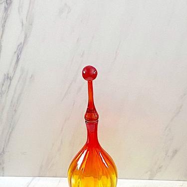 Vintage Mid Century Modern Wayne Husted Blenko #6418 Art Glass Optical Ribbed Decanter with Stopper #6311 Tangerine or Amberina 