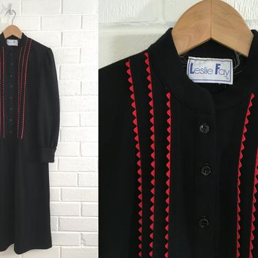 Vintage Black Dress 70s Red Leslie Fay Union Made 1970s Button Front Long Sleeve Puff Sleeves Midi Women's Medium M Large L 