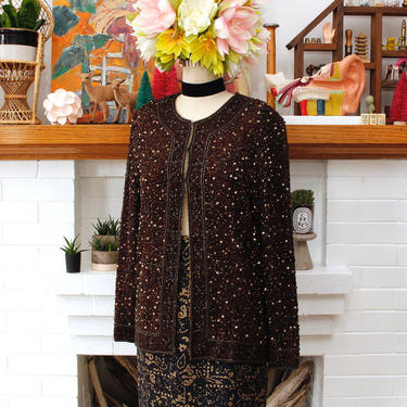 s.a.l.e. Vintage 1980s Sequin Beaded Jacket - Art Deco Brown &amp; Gold Sparkly Long Sleeve Party Jacket - M 