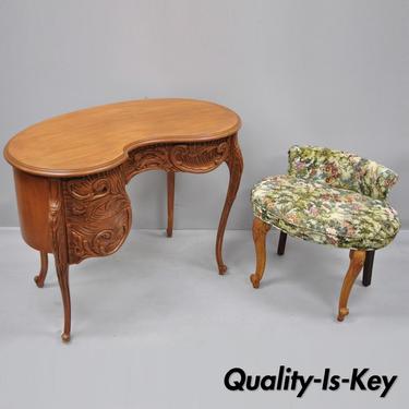 Vintage French Baroque Style Kidney Bean Shaped Vanity Desk &amp; Bench Chair