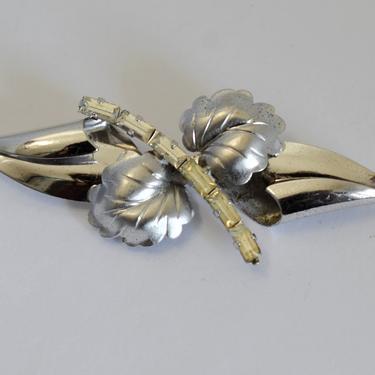 50's Carl-Art sterling rhinestone Modernist leaves brooch, unusual mid-century C-&gt;A 925 silver bling leaf pin 
