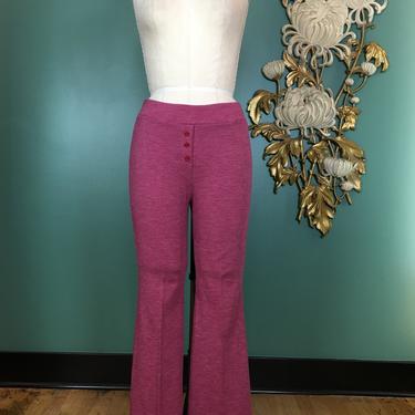 1970s bellbottoms. polyester jersey knit, vintage 70s pants, orchid pink, stretchy, flared leg, mid rise, fitted, pull on, size small, mod 