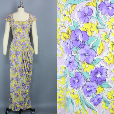 1940s RAYON JERSEY Gown | Vintage 40s Long Floral Dress with Draped Hip | small 