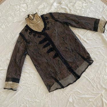 Antique Victorian Paisley Silk Bodice Blouse Fish Net Soutache Embroidery Leaves