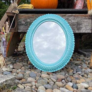Vintage Mirror Oval Hobnail Pearl Baby Blue 