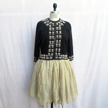 Vintage 1960's Black and Gold Beaded Cashmere Sweater Cardigan Cocktail Party Medium 